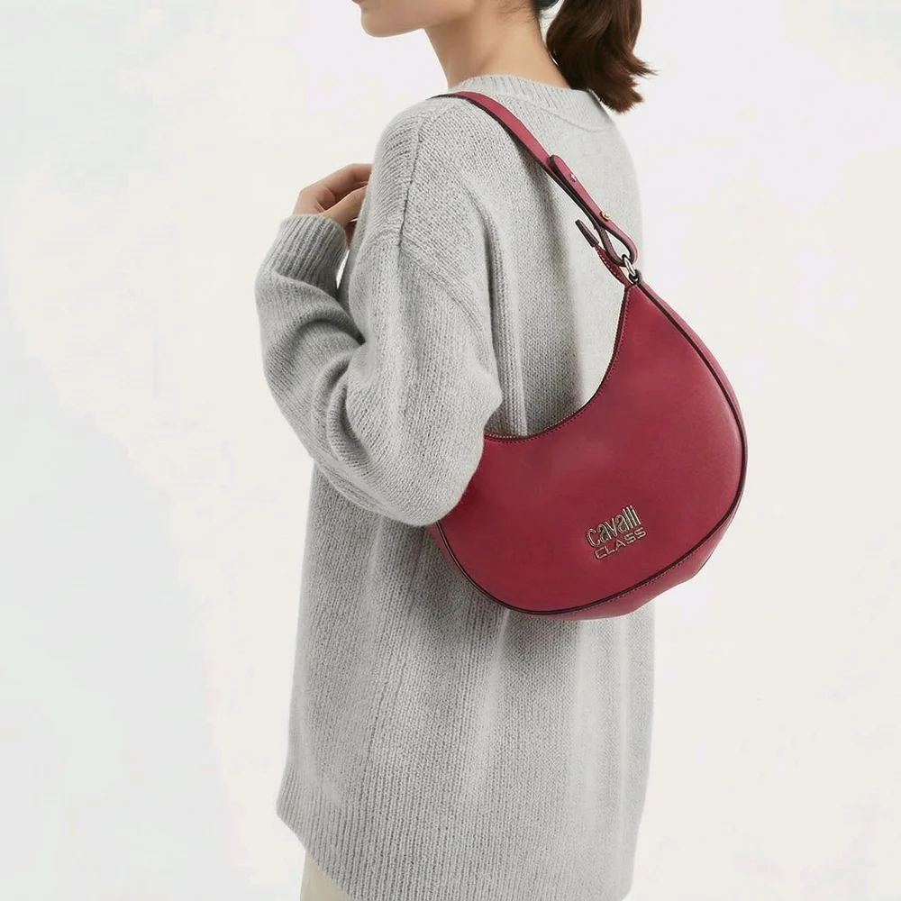 Cavalli Class Pink Crescent Hobo Shoulder Bag with Contrast Trim